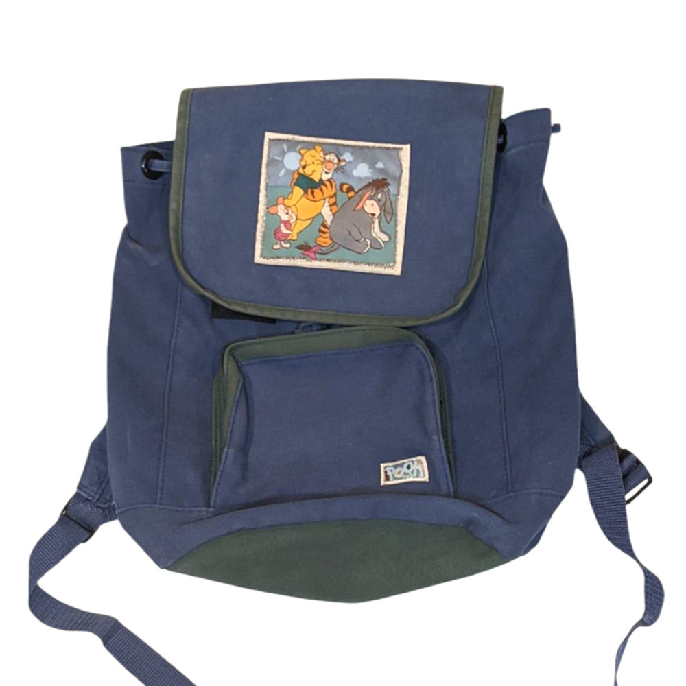 Vtg Pooh Canvas Drawstring Backpack Blue Green Disney Tigger Eeyore Piglet  90s
